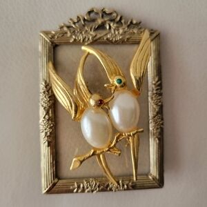 Brooch  Birds on Branch ~ Gold-tone Metal Faux Pearl Rhinestone Eyes FINAL PRICE